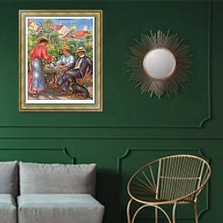 «The Cup of Tea, or The Garden, c.1906-07» в интерьере классической гостиной с зеленой стеной над диваном