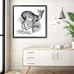 «Молодой олень, ретро» в интерьере комнаты в скандинавском стиле над тумбой