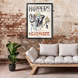 «Ноябрь Харпера» в интерьере гостиной в стиле лофт над диваном