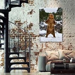 «Стоящий на задних лапах медведь в зимнем лесу» в интерьере двухярусной гостиной в стиле лофт с кирпичной стеной