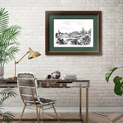 «Dusseldorf in North Rhine-Westphalia, Germany, vintage engraving» в интерьере кабинета с кирпичными стенами над столом
