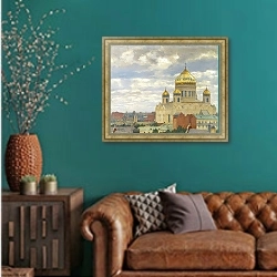 «Вид На Храм Христа Спасителя, Москва» в интерьере гостиной с зеленой стеной над диваном
