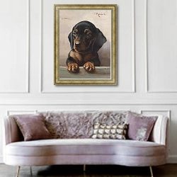 «Молодая такса» в интерьере гостиной в классическом стиле над диваном