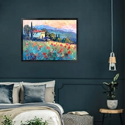 «Poppy fields at the doorstep» в интерьере классической спальни с темными стенами