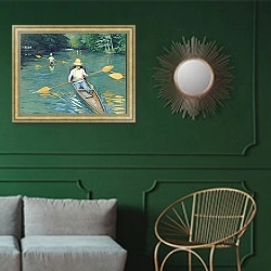 «Skiffs, 1877» в интерьере классической гостиной с зеленой стеной над диваном