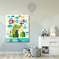 «Мультяшный крокодил» в интерьере детской комнаты для мальчика с росписью на стенах