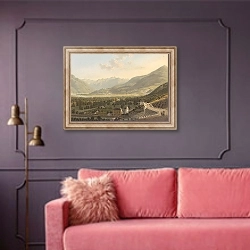 «Vue du Pont de Crevola et de la Vallée de Domo D’ossola» в интерьере гостиной с розовым диваном