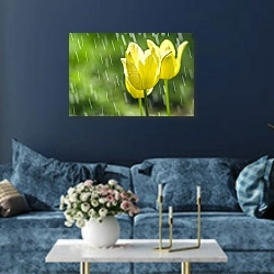 «Сияние весны» в интерьере современной гостиной в синем цвете