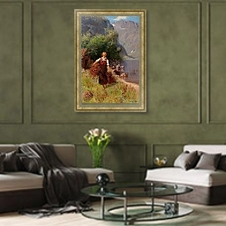 «Девушка на фоне пейзажа фьорда» в интерьере гостиной в оливковых тонах