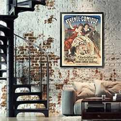 «Théâtre de l’Athénée-Comique, 17 rue Scribe… Revue, comédie, vaudeville» в интерьере двухярусной гостиной в стиле лофт с кирпичной стеной