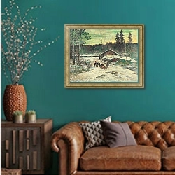 «Охотник разговаривает с женщиной в санях» в интерьере гостиной с зеленой стеной над диваном