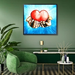 «Сердце в руках 1» в интерьере гостиной в зеленых тонах