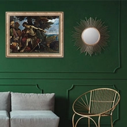 «Святой Иоанн Креститель, молящийся на природе» в интерьере классической гостиной с зеленой стеной над диваном