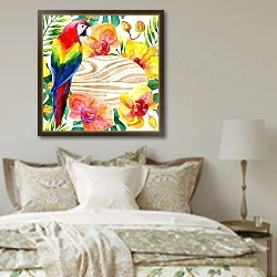 «Коллаж с розами, птицами, бабочками и почтовыми марками» в интерьере спальни в стиле прованс над кроватью