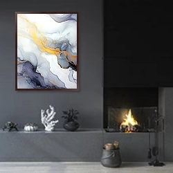 «Abstract gray with gold ink art 2» в интерьере гостиной в стиле минимализм с камином