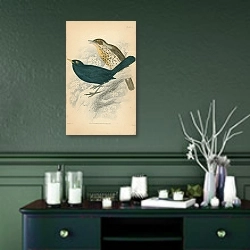 «Blackbird, song thrush 1» в интерьере зеленой комнаты