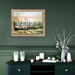 «Sunset at Rouen, Boats Unloading Wood, 1896» в интерьере прихожей в зеленых тонах над комодом