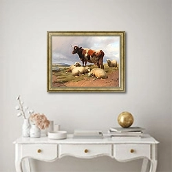 «Крупный рогатый скот и овцы на лугу посреди обширного ландшафта» в интерьере в классическом стиле над столом