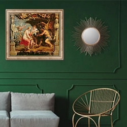 «Thetis receiving Achilles' armour from Vulcan;» в интерьере классической гостиной с зеленой стеной над диваном
