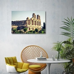 «Тунис, Эль-Джем. Руины древнего амфитеатра» в интерьере современной гостиной с желтым креслом
