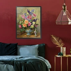 «AB250 Still Life of Roses, Lilies and Delphiniums» в интерьере спальни с акцентной стеной