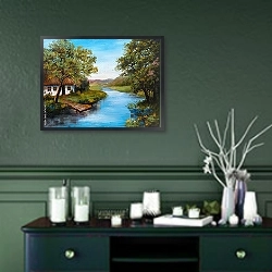«Дом у реки» в интерьере прихожей в зеленых тонах над комодом