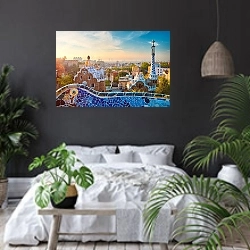 «Барселона: Восход над волшебством Парка Гуэль» в интерьере современной спальни с черными стенами