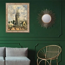 «Церковь В Нормандии» в интерьере классической гостиной с зеленой стеной над диваном