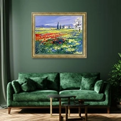 «Солнечный букет» в интерьере зеленой гостиной над диваном