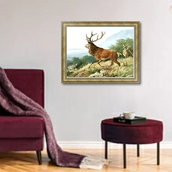 «Благородный олень в период гона» в интерьере гостиной в бордовых тонах