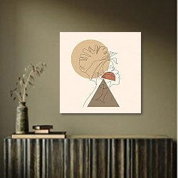 «Портрет африканки одной линией на светлом фоне» в интерьере в этническом стиле в коричневых цветах