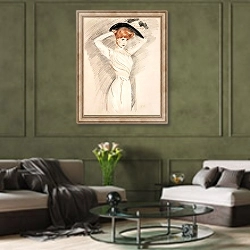 «An elegant lady wearing a hat» в интерьере гостиной в оливковых тонах