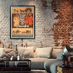 «Карета когда—то была королем дорожного движения, а теперь это Олдсмобиль» в интерьере гостиной в стиле лофт с кирпичной стеной