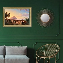 «Reisende an einem Brunnen bei Palermo» в интерьере классической гостиной с зеленой стеной над диваном