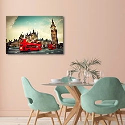 «Лондон, Англия. Биг Бен и красные автобусы» в интерьере современной столовой в пастельных тонах