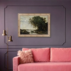 «River Landscape 3» в интерьере гостиной с розовым диваном