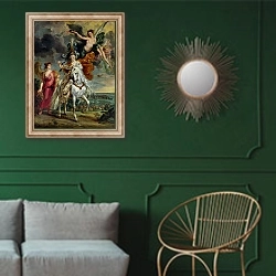 «The Medici Cycle: The Triumph of Juliers, 1st September 1610, 1622-25» в интерьере классической гостиной с зеленой стеной над диваном