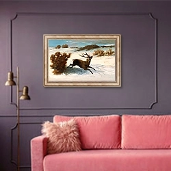 «Deer Running in the Snow» в интерьере гостиной с розовым диваном