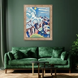 «Взгляд через Генталь» в интерьере зеленой гостиной над диваном