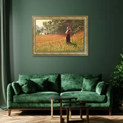 «Im Hochsommer, Westnorwegen» в интерьере зеленой гостиной над диваном