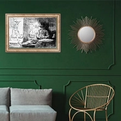 «Kolf game, 1654» в интерьере классической гостиной с зеленой стеной над диваном