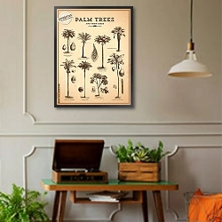 «Пальмовые деревья» в интерьере гостиной в стиле ретро в серых тонах