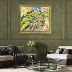 «Горная деревня с розовой коровой» в интерьере гостиной в оливковых тонах