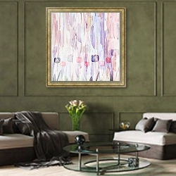 «Абстрактный акварельный фон с тюльпанами» в интерьере гостиной в оливковых тонах