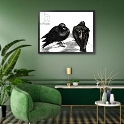 «Serious Pigeon Situation, 2012,» в интерьере гостиной в зеленых тонах