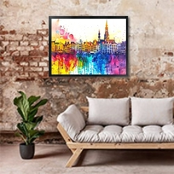 «Brussels skyline» в интерьере гостиной в стиле лофт над диваном