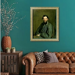 «Portrait of Count Lev Nikolaevich Tolstoy 1873» в интерьере гостиной с зеленой стеной над диваном