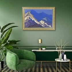 «Tibet, 1940» в интерьере гостиной в зеленых тонах