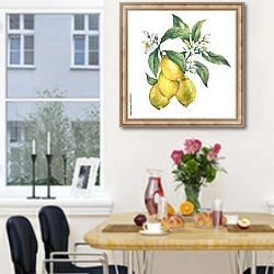 «Четыре сочных лимона на ветке с цветами» в интерьере кухни рядом с окном