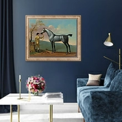«Starling a Grey Racehorse, by Bay Bolton, Held by a Groom, in a Landscape» в интерьере в классическом стиле в синих тонах